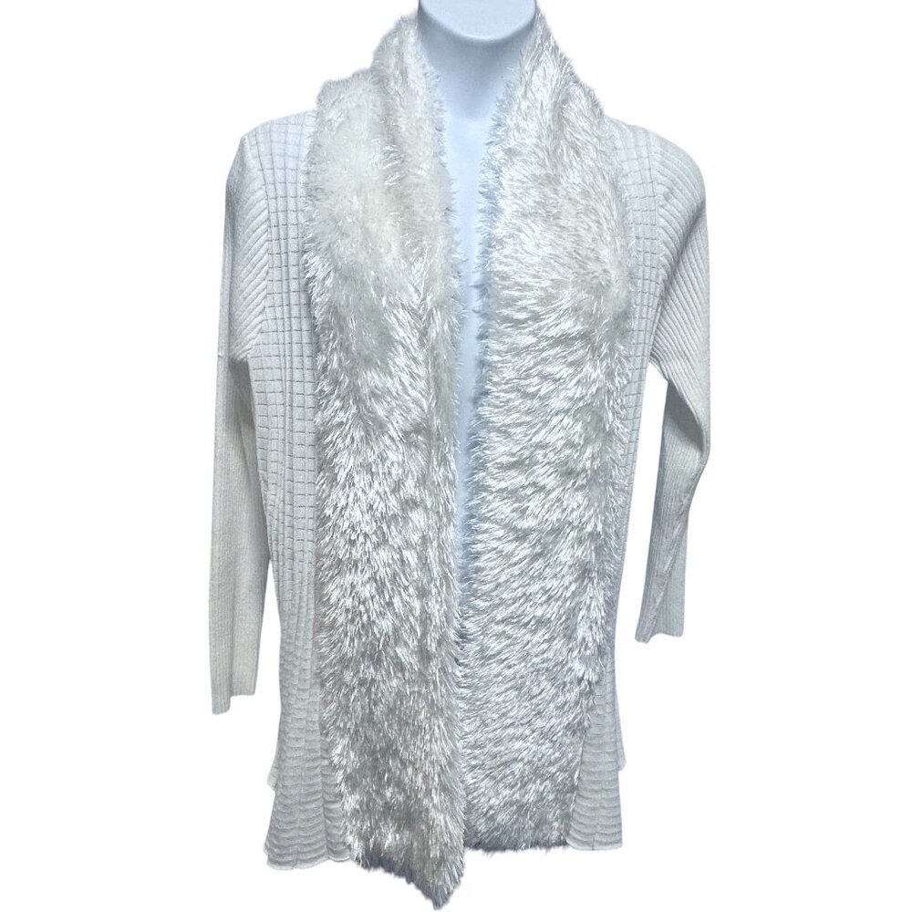 Lauren Michelle Ivory White Faux Fur Open Front Cardigan Size L Long Sleeve